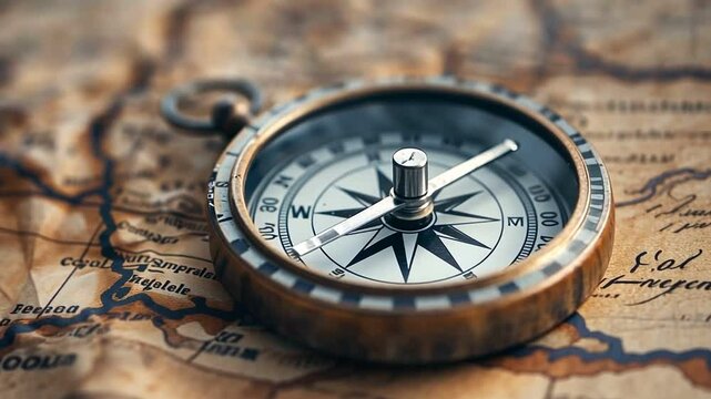 A vintage compass rests on an old, weathered map, 