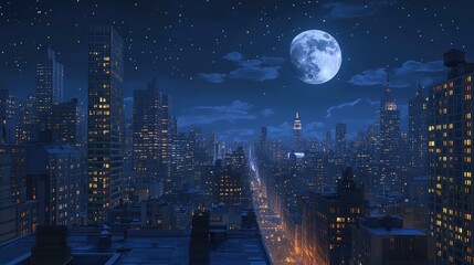 3D cartoon representation of a cityscape during moonrise with a waxing gibbous moon
