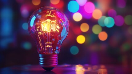 Glowing Light Bulb with Colorful Bokeh