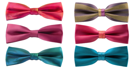 Colorful bow ties in different shades and patterns isolated on transparent background