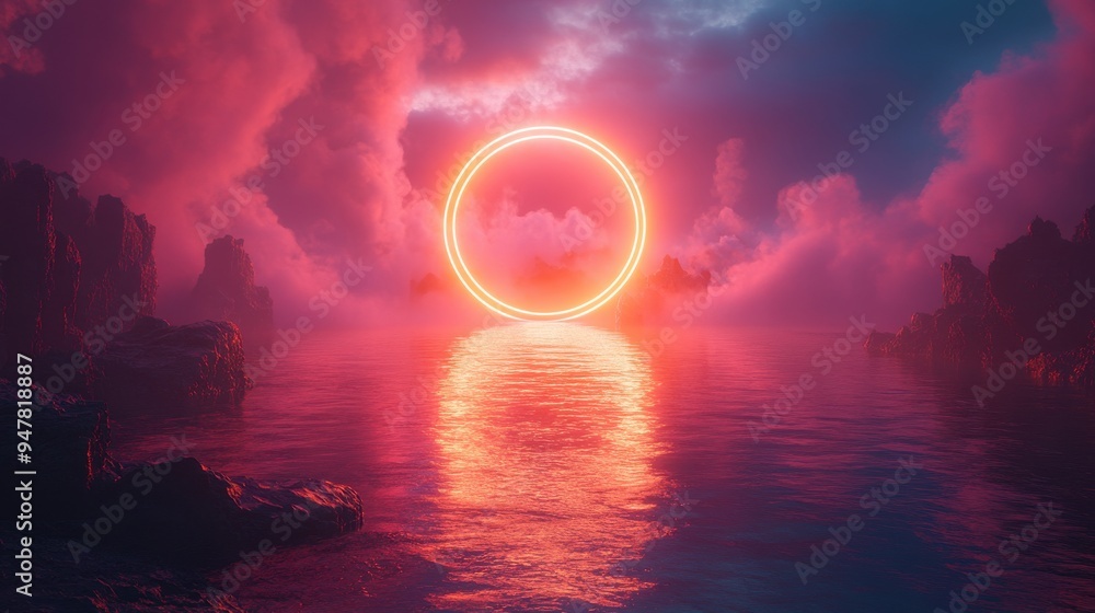 Poster 3d render abstract geometric backgroun3d ring shape glows with neon light inside the soft colorful c