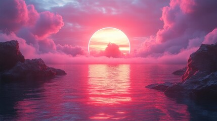 Fototapeta premium 3d render abstract geometric backgroun3d white clou3d an3d glowing neon roun3d frame illuminate3d cumulus minimal futuristic seascape with reflection in the water