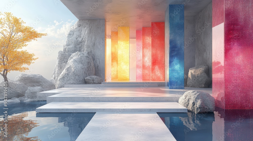 Poster 3d render abstract geometric backgroun3d with colorful iridescent panels white rocks empty stage an3