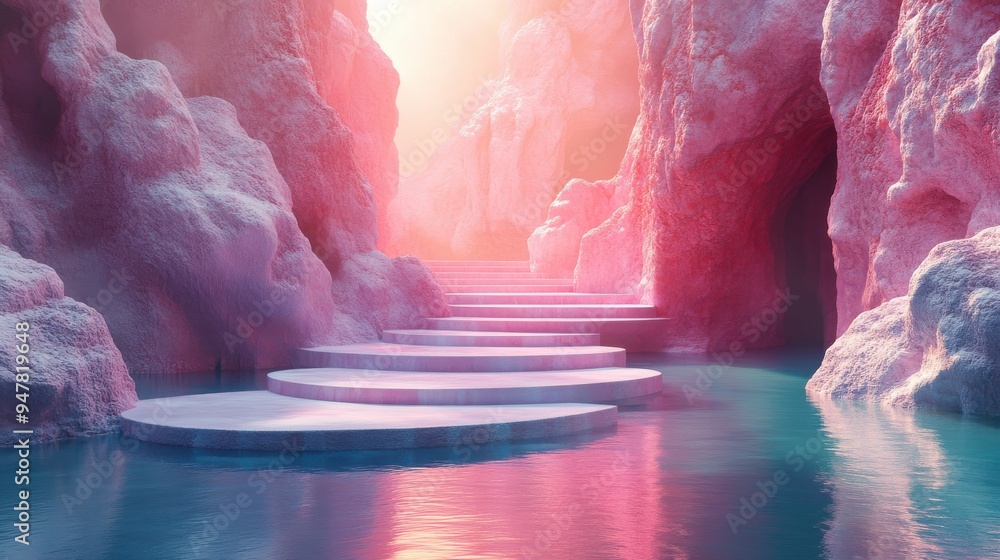 Poster 3d render abstract geometric backgroun3d with colorful iridescent panels white rocks empty stage an3