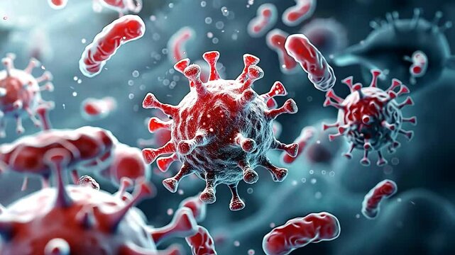 close-up of bacteria and viruses under a microscope, Microscopic view of viruses and cells in a vibrant blue background.  