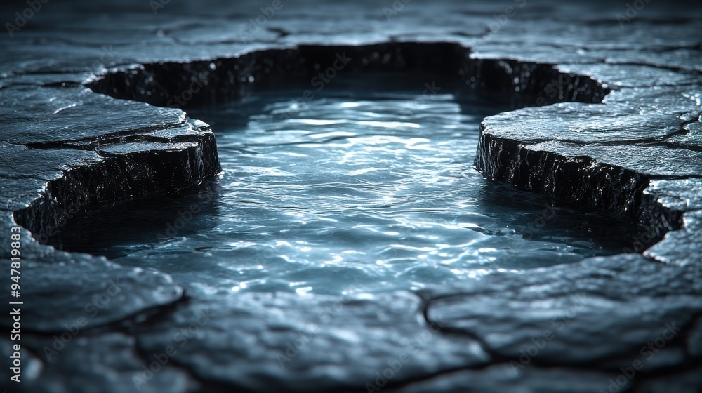 Poster 3d render abstract geometric backgroun3d with gol3d roun3d shapes broken black stone torus water ref