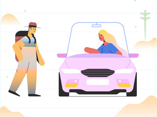 Woman driving a car picking up a hitchhiker