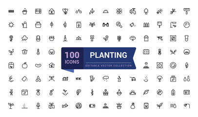 Set of planting icon set. Growing seedlings plant shoots. Agriculture and gardener. Pixel perfect, minimalistic web and UI icon. Outline icon collections.