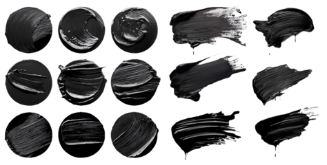 Collection of black paint strokes and circles isolated on transparent background