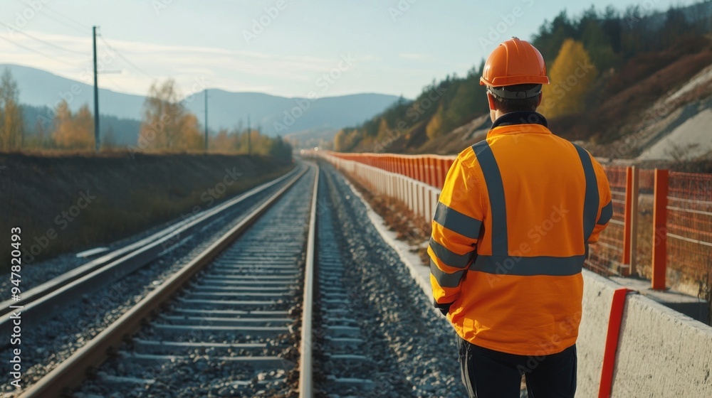 Wall mural a railway worker inspects tracks under a clear sky, highlighting safety and infrastructure in transp