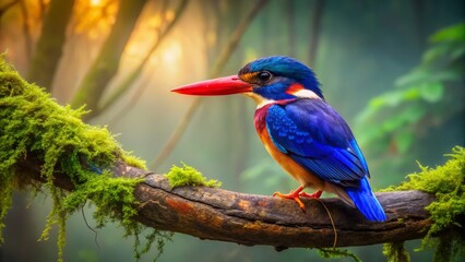 Obraz premium Gnarled branch cradles a majestic Javan Kingfisher, its blue-green plumage glowing in soft light, eyes flashing with presence amidst tropical mist.