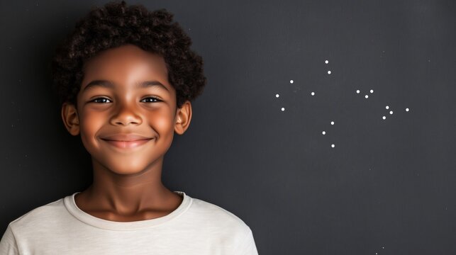 Poster for advertising, A young black african student is smiling while standing in front of a blackboard in a classroom; looking at camera