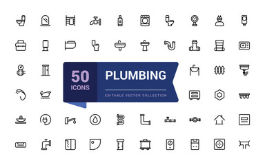 Set of plumbing outline icons related to energy, gas, water. Pixel perfect, minimalistic web and UI icon. Outline icon collections. Editable vector illustration.
