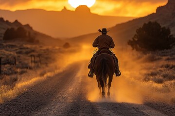 A silhouetted cowboy rides into the sunset along a dusty trail, capturing the essence of adventure and freedom in the open landscape.