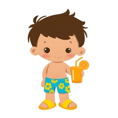 Boy in swimming trunks drink juice