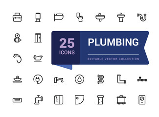 Set of plumbing outline icons related to energy, gas, water. Pixel perfect, minimalistic web and UI icon. Outline icon collections. Editable vector illustration.