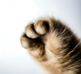 Obraz premium White background with a large fluffy cat's paw,close up of a kitten