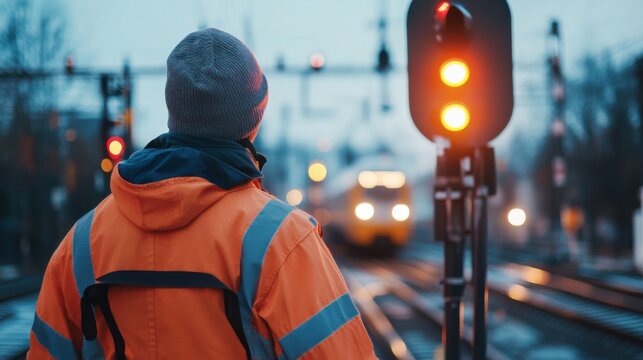 A railway worker observes the signal as a train approaches, highlighting safety and vigilance in transportation.