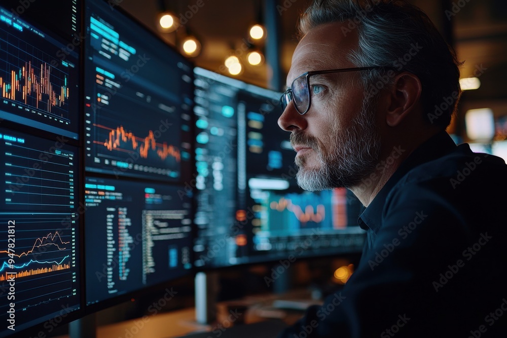 Poster focused analyst examining data trends on multiple screens in a modern office environment, showcasing
