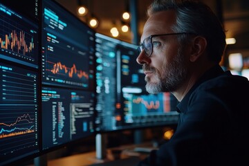 Focused analyst examining data trends on multiple screens in a modern office environment, showcasing technology and analysis.