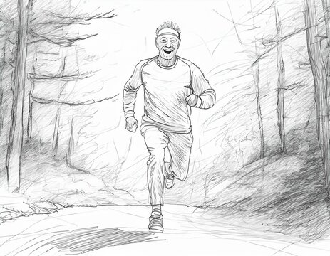 dessin ia croquis d'un homme de cinquante ans qui coure dans la for&ecirc;t, s&eacute;ance de jogging et sant&eacute;	
