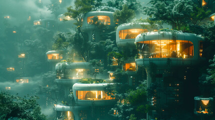 Naklejka premium Futuristic city concept. Modern architecture towers and skyscrapers. Green smart cityscape illustration. High-tech urban architecture. Eco garden with lawn and trees. 