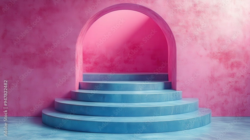 Leinwandbilder 3d render abstract minimal backgroun3d pink steps stairs isolate3d on blue blank pedestal empty podi