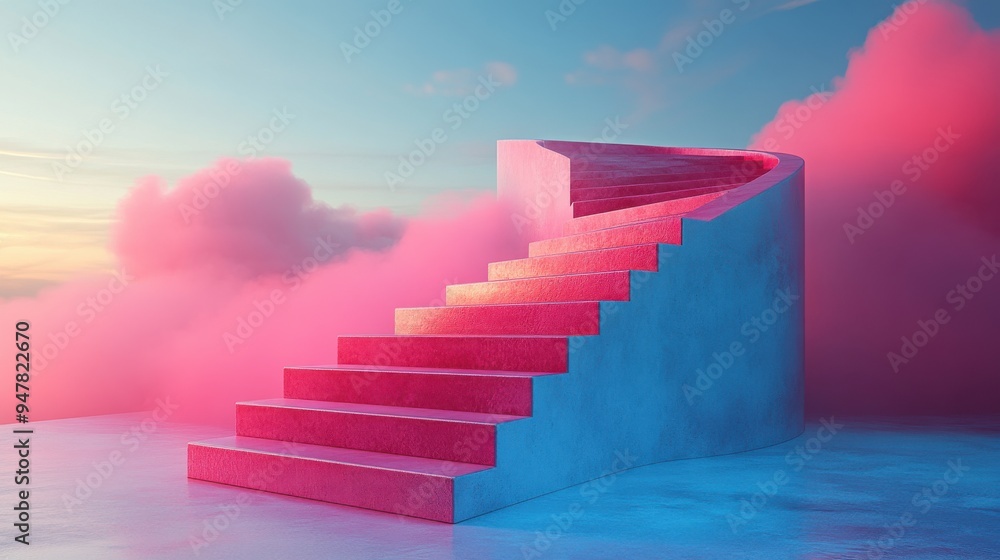 Leinwandbilder 3d render abstract minimal backgroun3d pink steps stairs isolate3d on blue blank pedestal empty podi