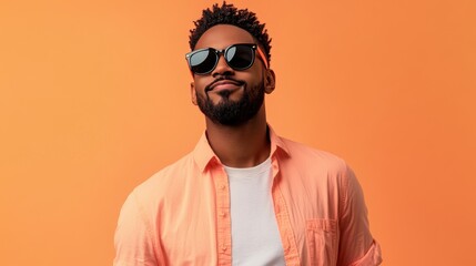 Obraz premium An African American man stands casually in a summer outfit, exuding confidence with sunglasses on against a vibrant orange backdrop