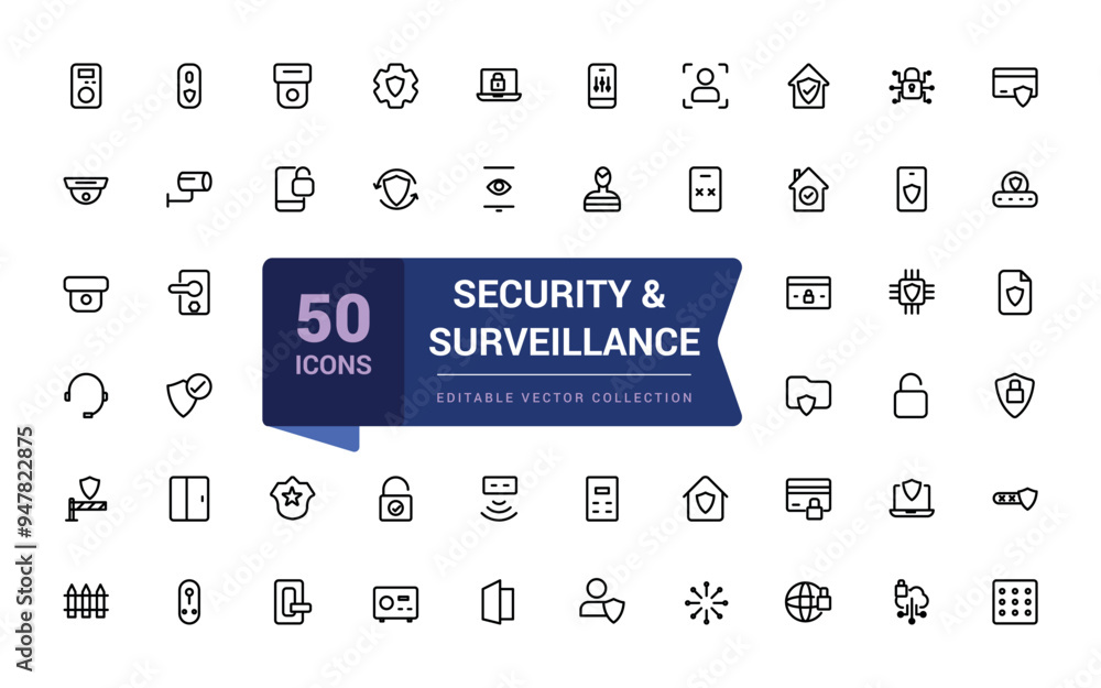 Poster security and surveillance icon set. related to web security, safety, password, data protection. pixe
