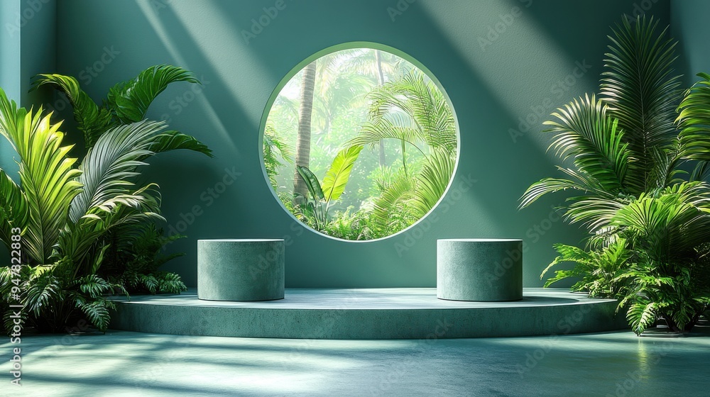 Poster 3d render abstract minimal green backgroun3d empty stage with three cylinder podiums palm leaf shado