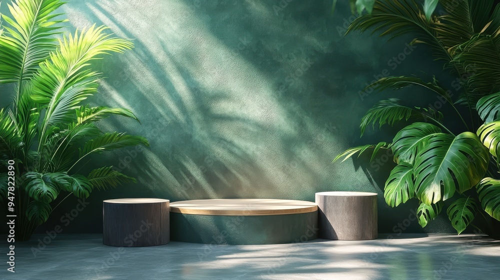 Aufkleber 3d render abstract minimal green backgroun3d empty stage with three cylinder podiums palm leaf shado