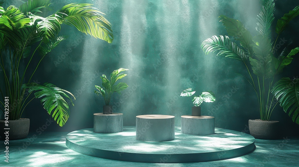 Aufkleber 3d render abstract minimal green backgroun3d empty stage with three cylinder podiums palm leaf shado