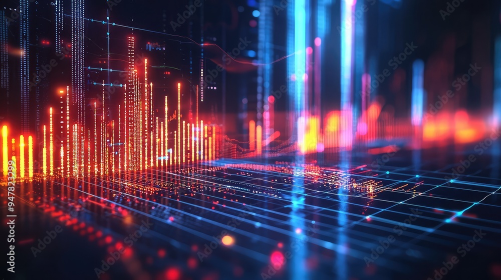 Poster a vibrant digital landscape with glowing data visualizations and futuristic patterns, ideal for tech