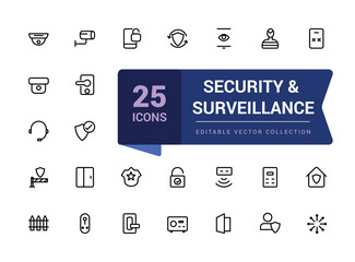 Security and surveillance icon set. Related to web security, safety, password, data protection. Pixel perfect, minimalistic web and UI icon. Outline icon collections.