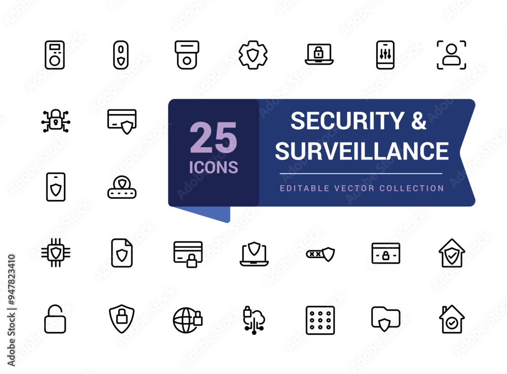 Poster security and surveillance icon set. related to web security, safety, password, data protection. pixe