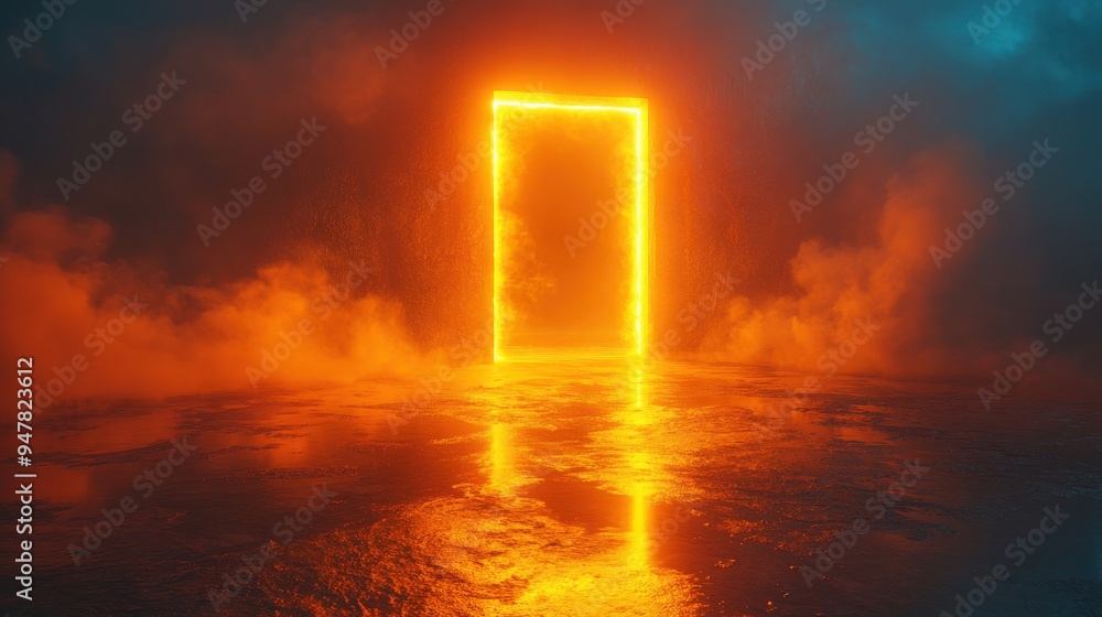 Poster 3d render abstract modern minimal backgroun3d with yellow light going through the opening double doo