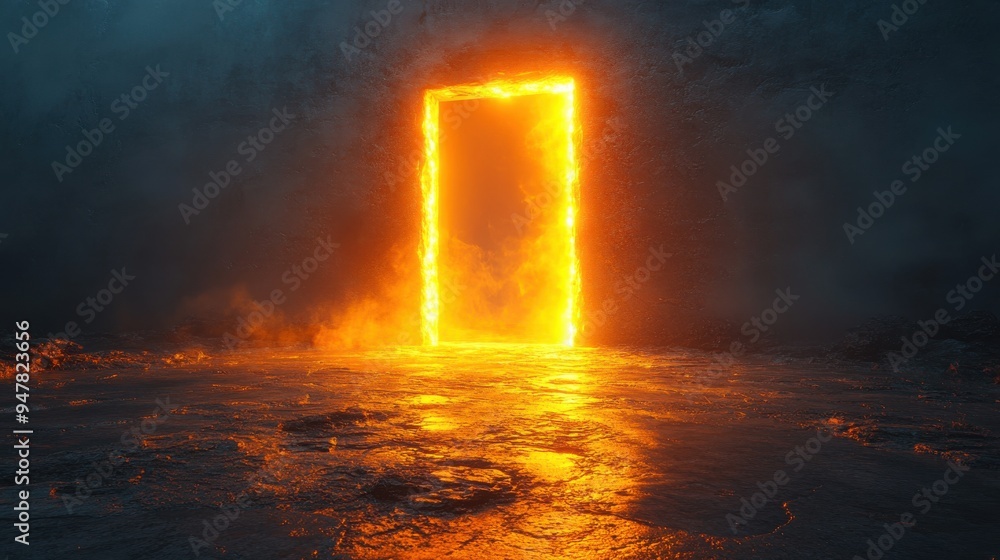 Poster 3d render abstract modern minimal backgroun3d with yellow light going through the opening double doo