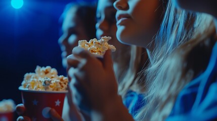 A group of young people enjoying popcorn while watching a movie in a dark theater during an evening screening