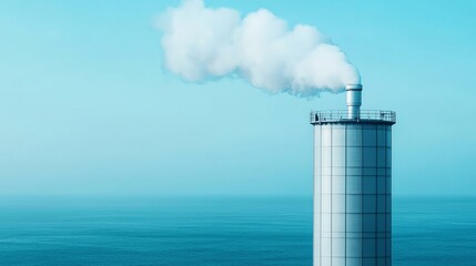 Obraz premium A tall industrial chimney emitting white smoke against a clear blue sky and ocean, symbolizing environmental impact.