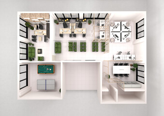 Office design with office rooms, manager room, meeting room, waiting room and leisure area. 3d illustration. Top view. 3d plan office