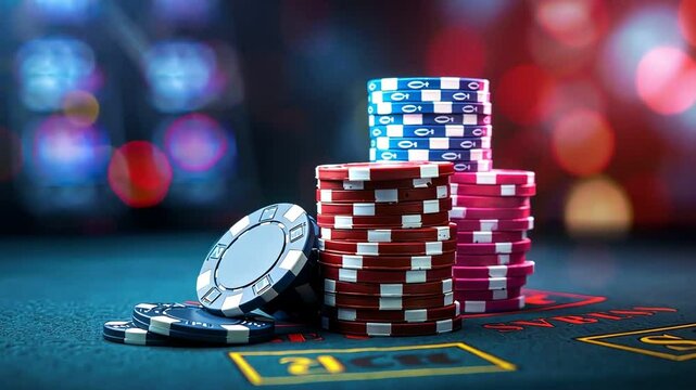 A stack of colorful casino chips on a green felt table, with a blurred background of lights.