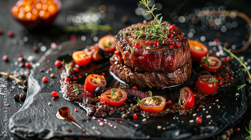 Wall mural tasty steak with herbs and tomatoes