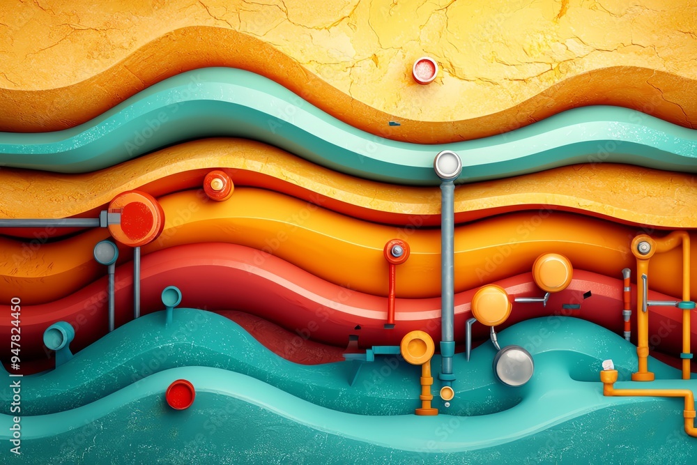 Poster abstract art featuring colorful wavy pipes on a textured wall, creating a vibrant, dynamic visual ex