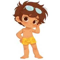 Boy in swimming trunks with sunglasses