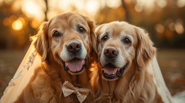 Two stylish golden retriever dogs are dressed up in bow ties for a special occasion