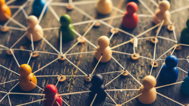 Colorful pawns are connected by threads, illustrating a network of collaboration and relationships among diverse participants.