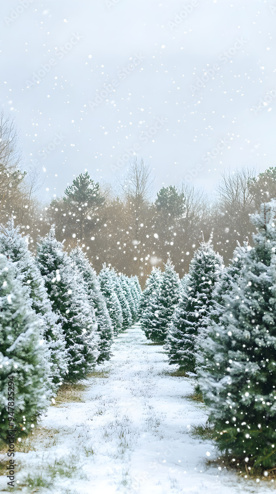 Poster a snowy christmas tree farm features rows of evergreen trees covered in white snow, creating a seren