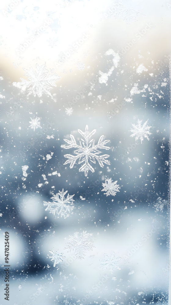 Poster a close-up of frosted window panes adorned with intricate snowflakes creating a serene winter atmosp