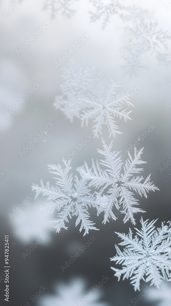 Poster a close-up of frosted window panes with delicate snowflakes adorning the surface creating a serene w
